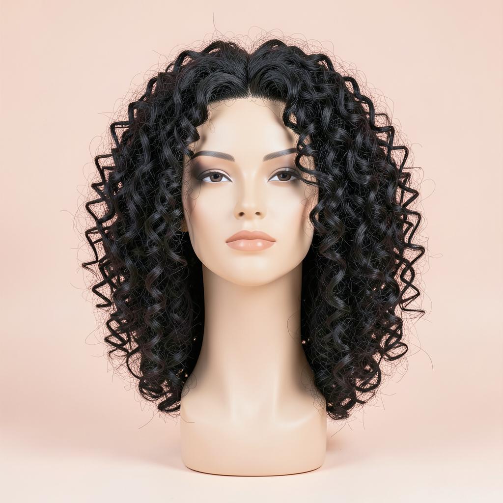 Voluminous curly black wig displayed on a mannequin head